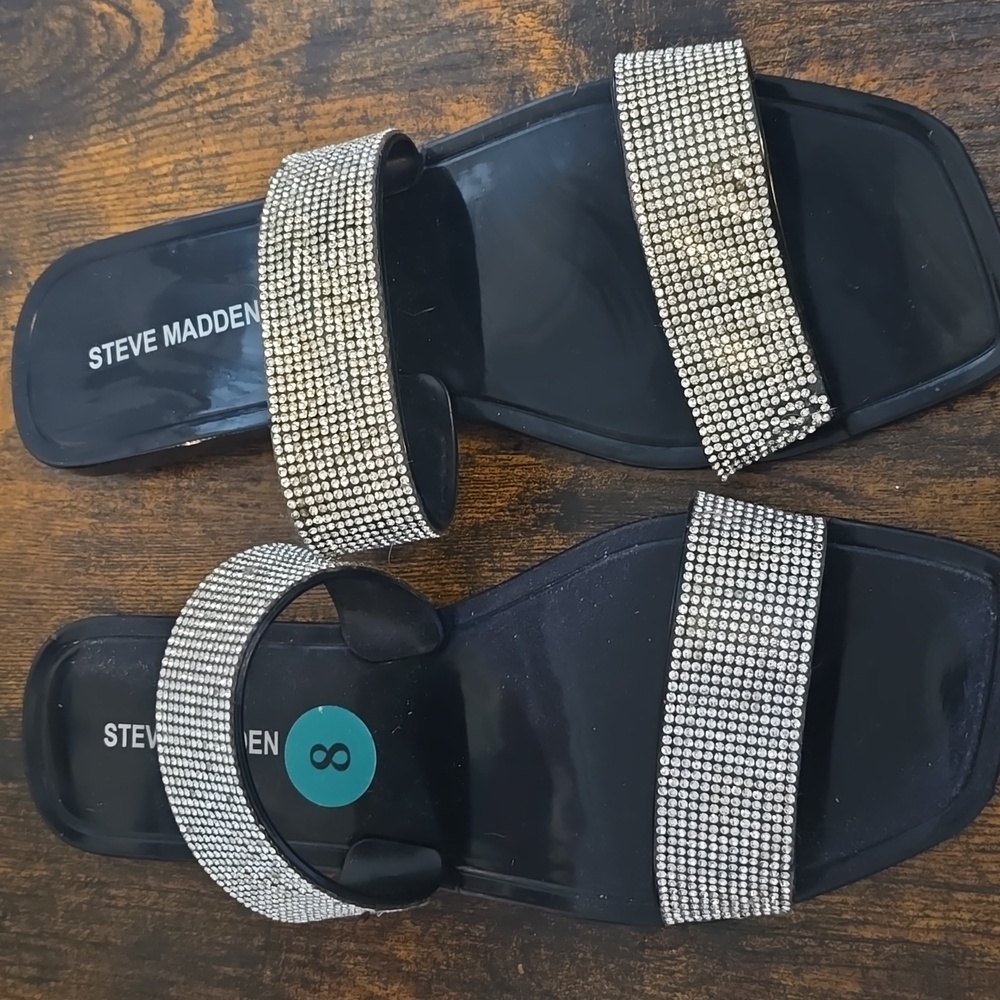 Steve Madden Black and Silver Sandals with rhinestones strap